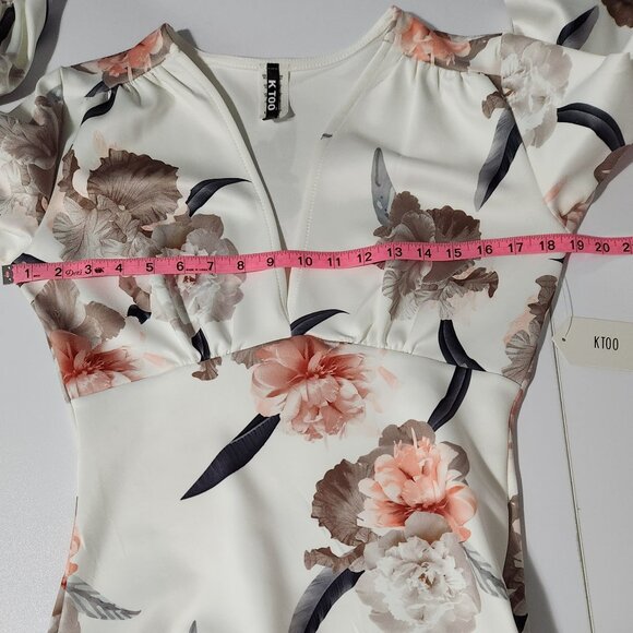 KTOO White Floral Printed Body Con Cocktail Dress with Puffy Sleeves Size L - Picture 7 of 12
